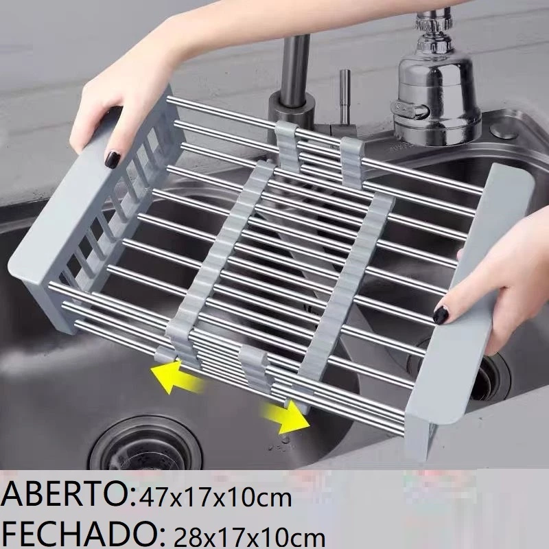 Escorredor De Pia 47x10x17cm Para Fruta Legume Verdura Louça Aço Inox Ajustável Multiuso Alças Retrateis Resistente