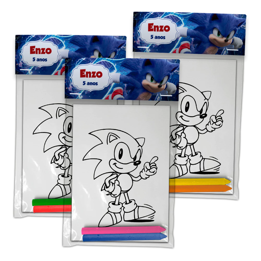Kit Colorir Giz De Cera Lembrancinha Festa Infantil Personalizado Escolha Tema Sonic