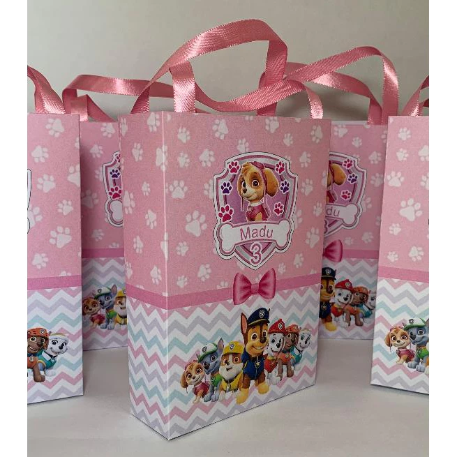 Kit 10/20/30 Sacolinha Personalizada Festa Patrulha Canina Menina Skye
