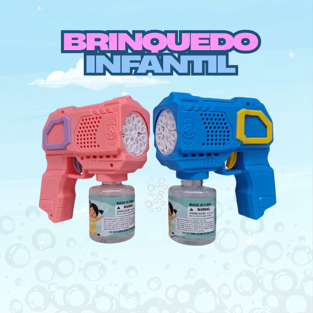 Brinquedo lança Bolhas Infantil Arminha que lança Bolhas de Sabão Maquina de Bolhas com Luz Led Rosa Vermel Azul