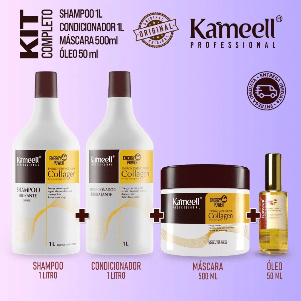 Kit Capilar Completo Kameell Máscara 500 g + condicionador 1L + Shampoo 1L + Óleo 50ml Profissional