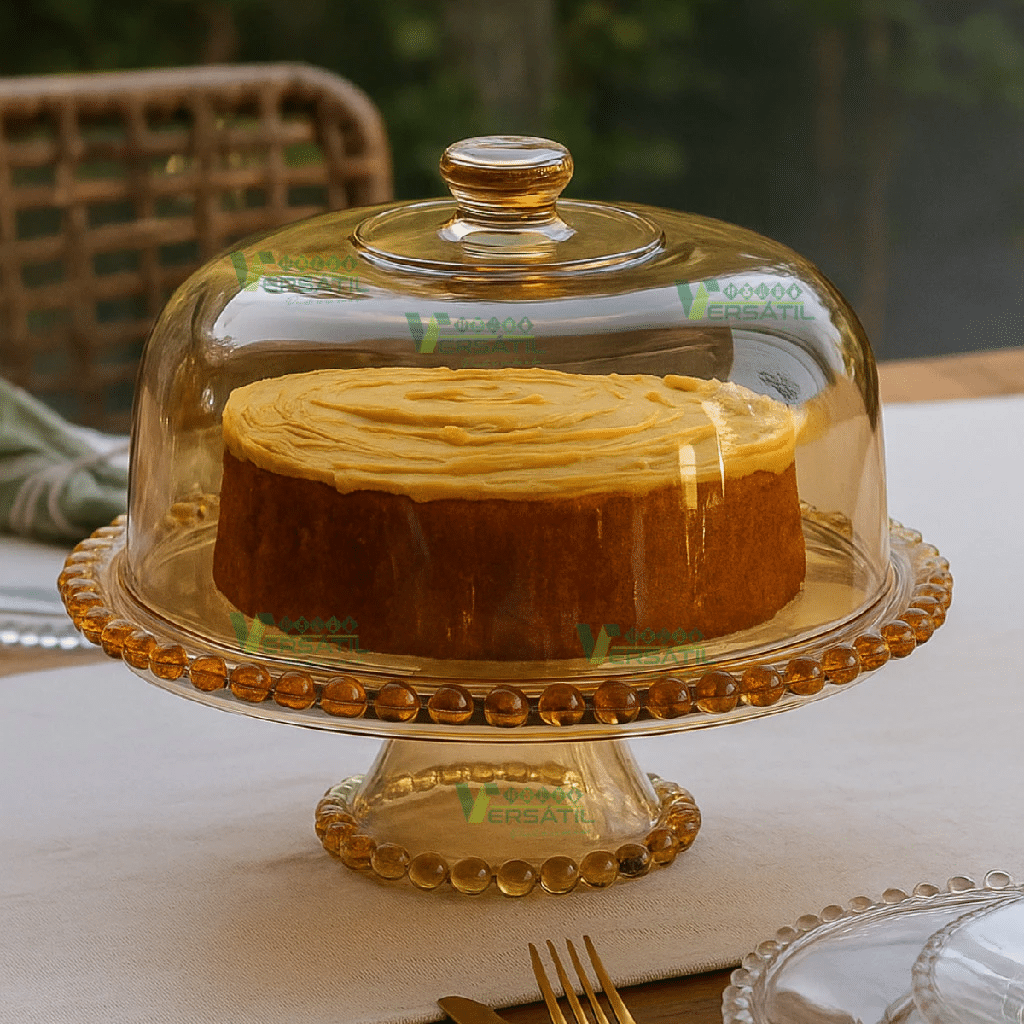 Prato para Bolo Wolff Pearl Grande Poncheira Saladeira Petisqueira Âmbar Metalizada Requintada Luxo Mesa Posta Bolinhas