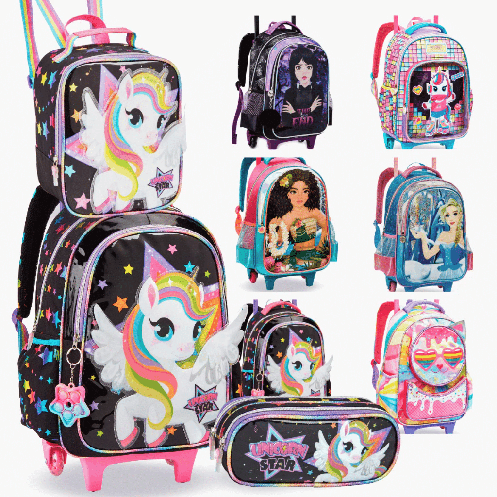 Kit Mochila Rodinhas + Estojo + Lancheira Menina Escolar Infantil Grande Reforçada Alça Acolchoada