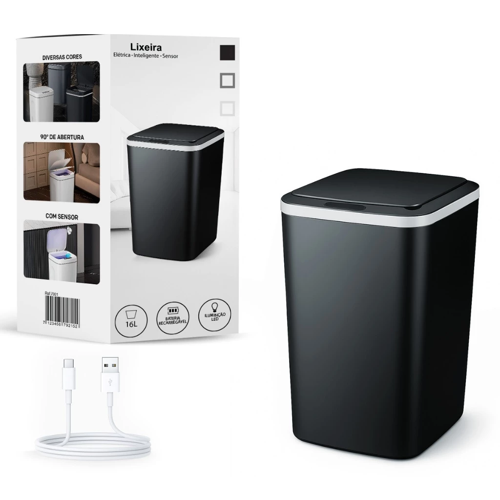 Lixeira Inteligente Capacidade 16L Recarregável Automático Com Sensor Na Tampa Para Sala Cozinha Escritório