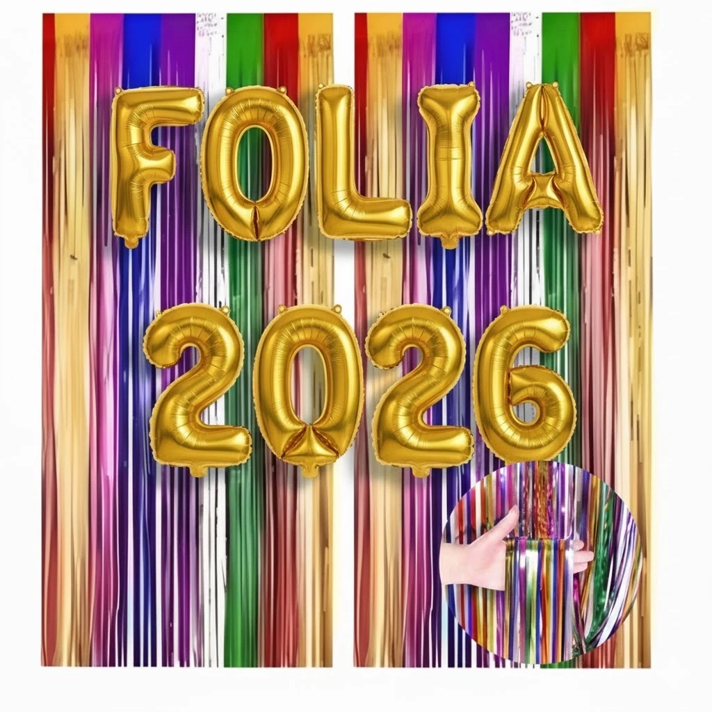 Kit Balão Metalizado FOLIA 40cm Dourado P/ Decoração Carnaval + 2 Cortinas coloridas + 2026 Números Dourado